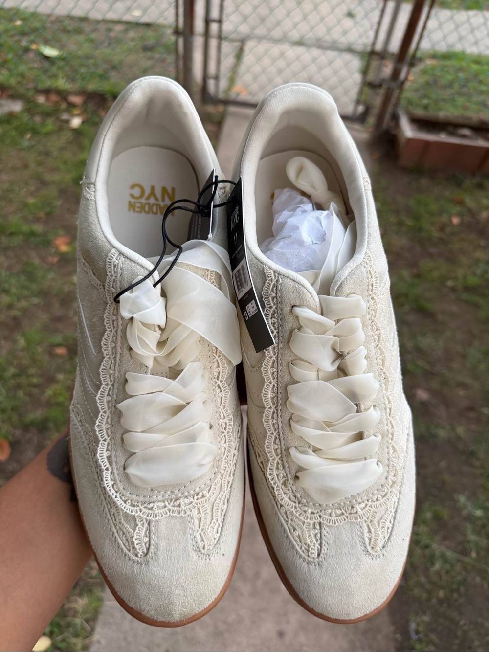Steve Madden Women's Ivory Lace-Trim Ribbon Sneakers